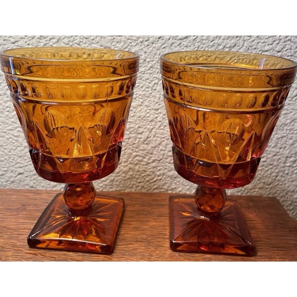 Vintage Amber Pedestal Pony - Goblet Heavy Etched Glass - Set of 2 - Picture 2 of 5